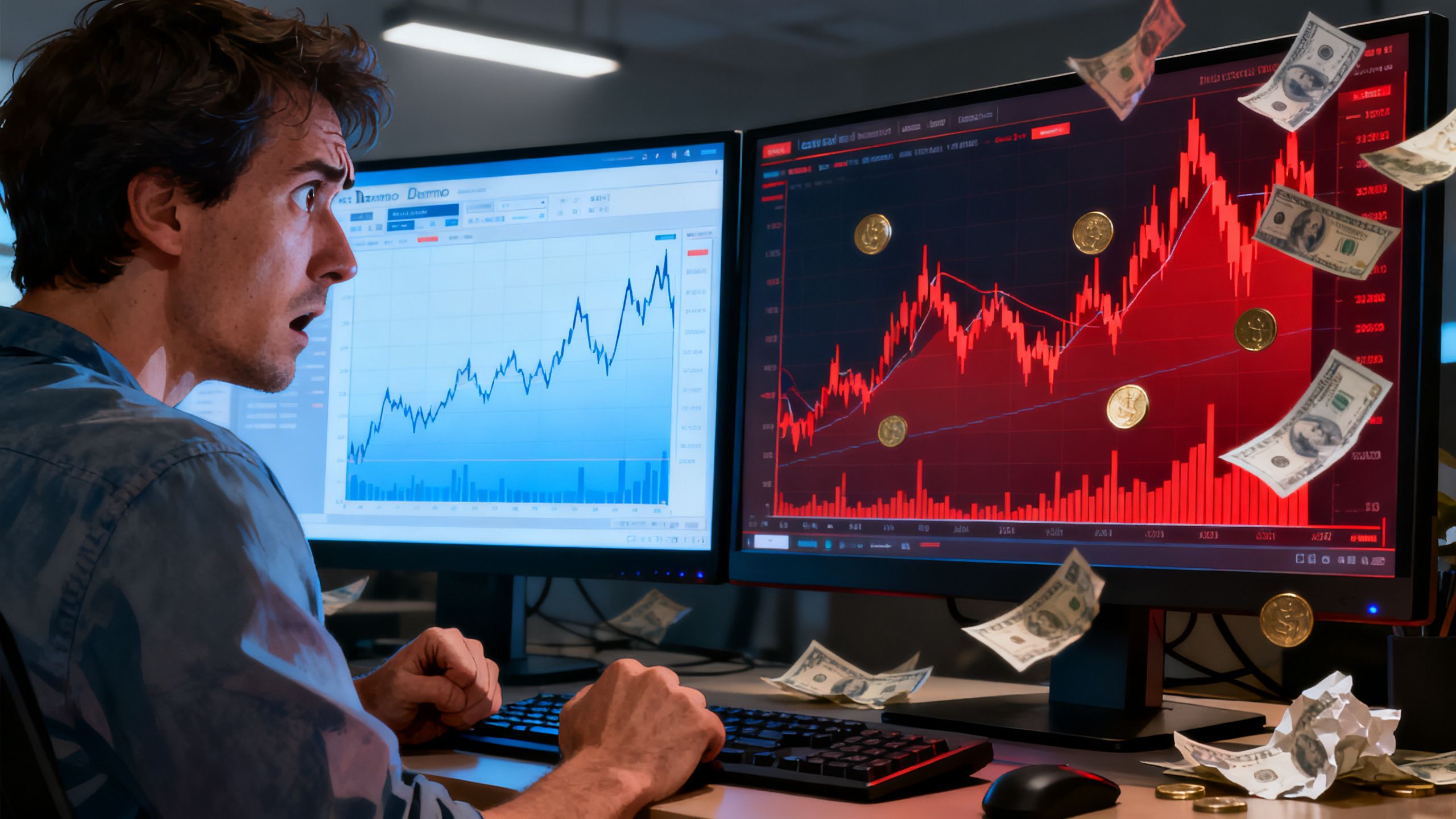 A CFD trader transitioning from a calm demo trading screen to the emotional pressure of a live account, with real financial risk symbolized by money and market charts, realistic editorial illustration