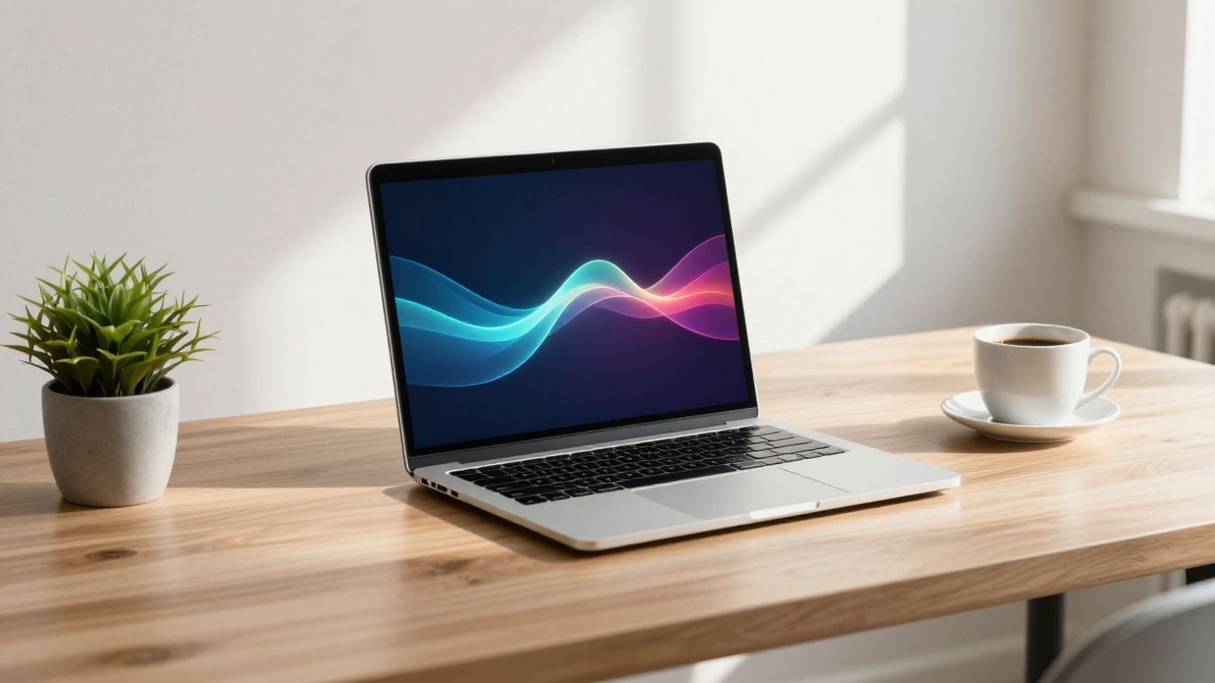 A clean modern office space with digital interface elements