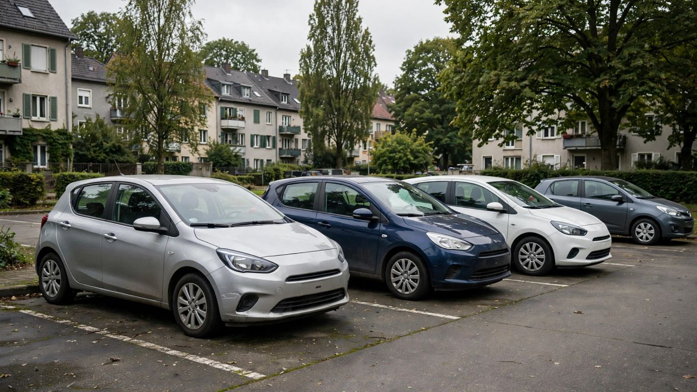 Gebrauchte Kompaktwagen auf ruhigem Parkplatz