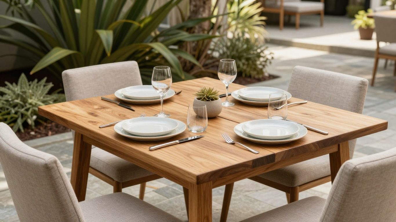 Outdoor dining table set beneath leafy shade