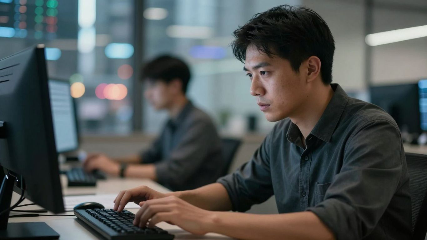 Trader focused on market activity with city lights blurred.
