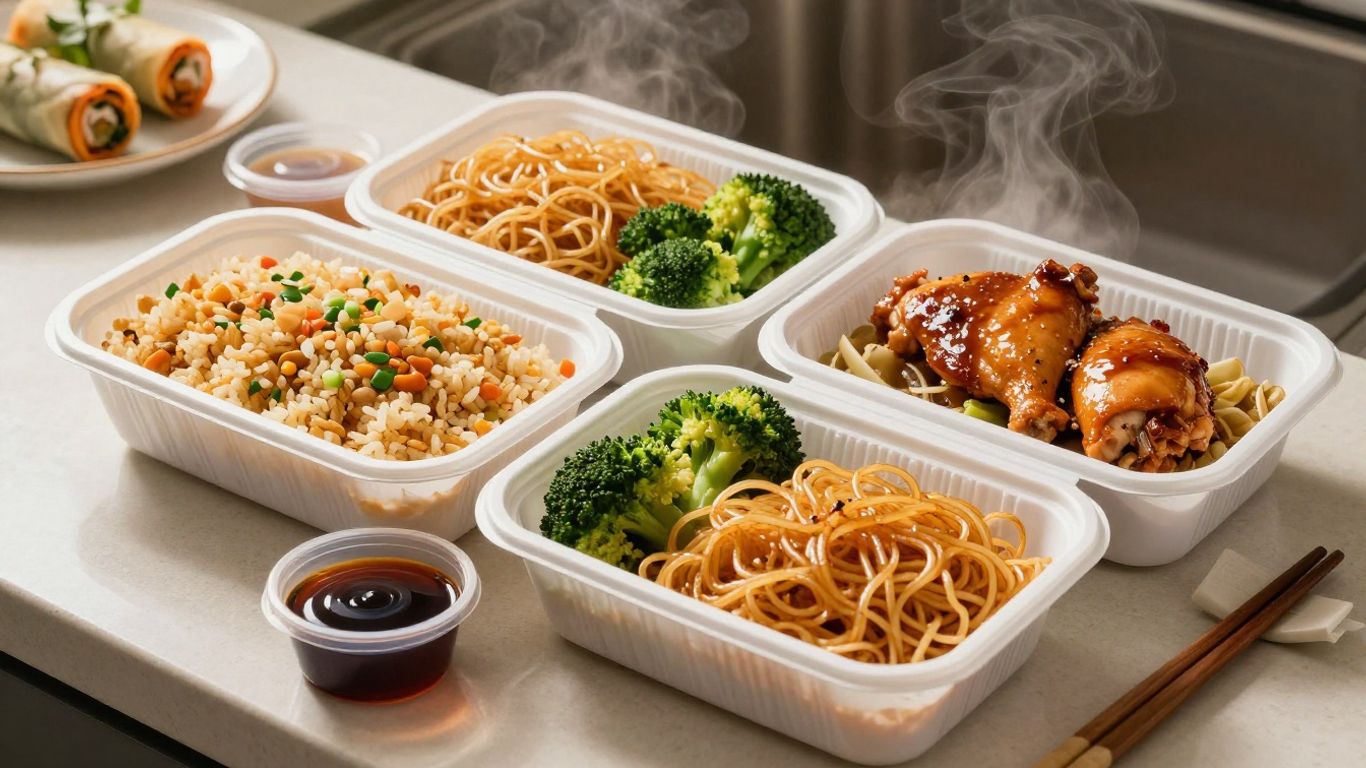 Chinese takeout boxes with noodles and rice
