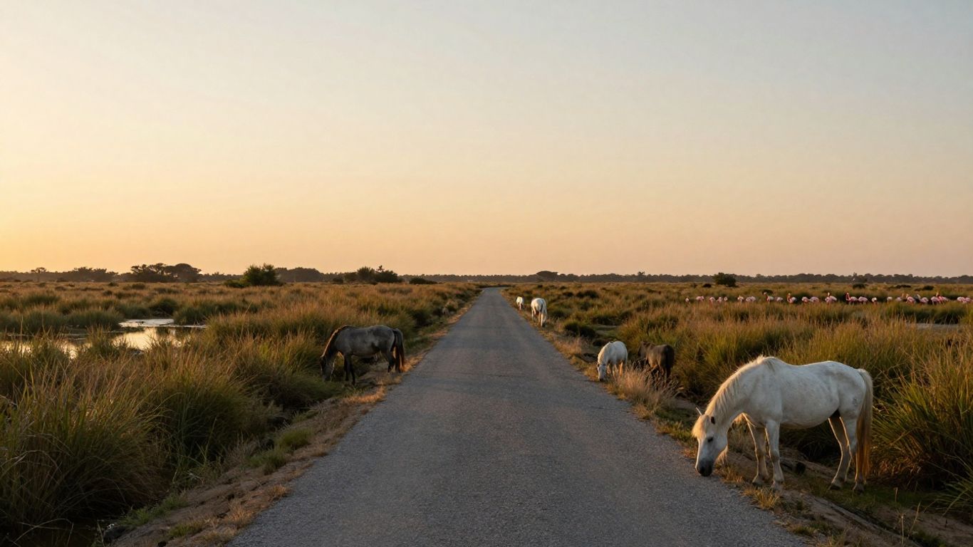 White horses beside Camargue wetlands