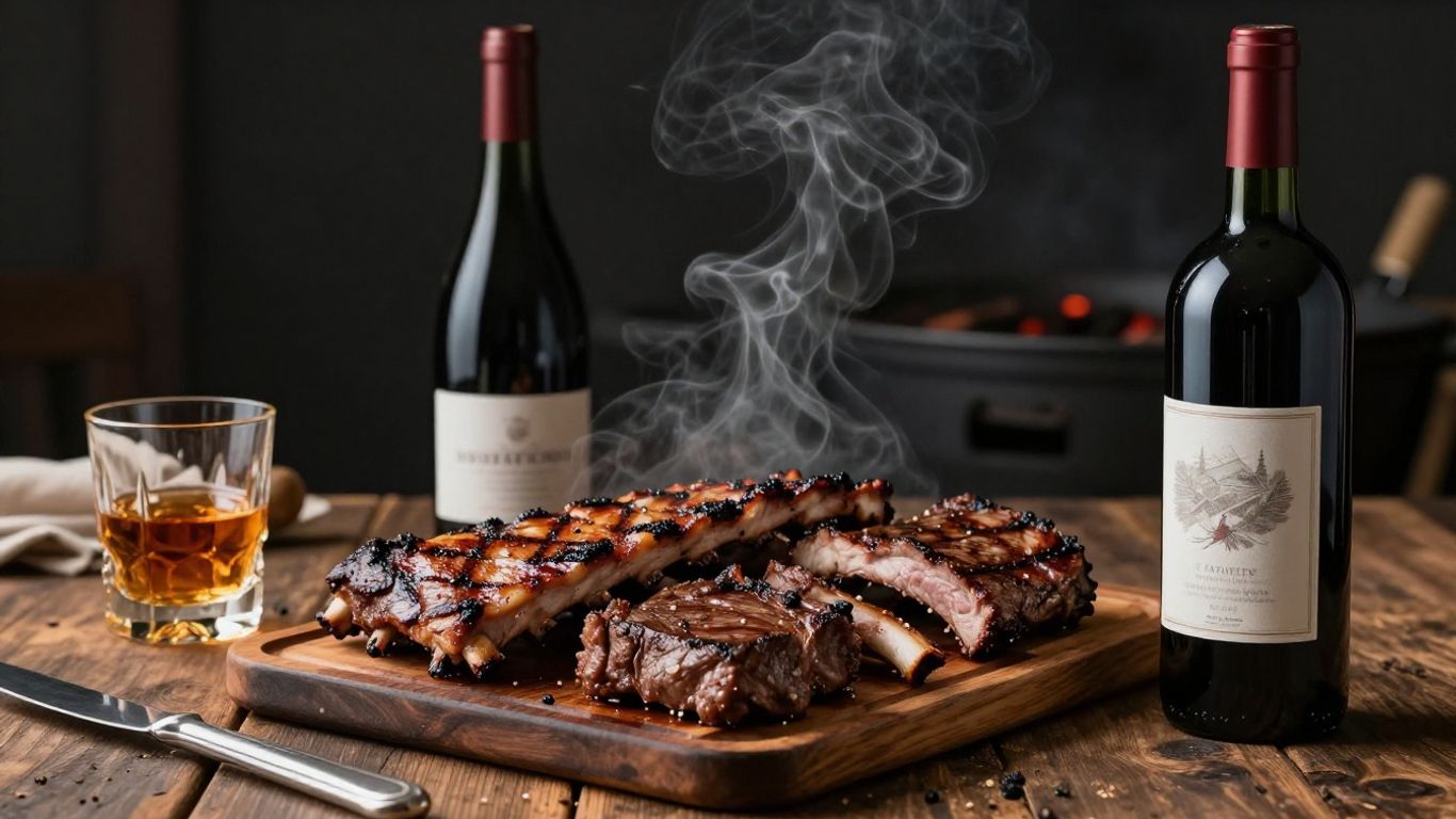 BBQ ribs, wine, and whiskey on a table.