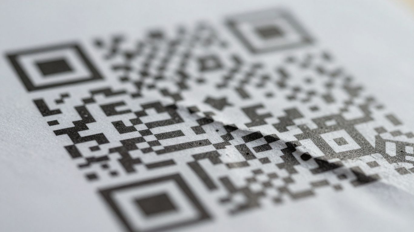 Close-up of a smudged and crumpled QR code on paper.