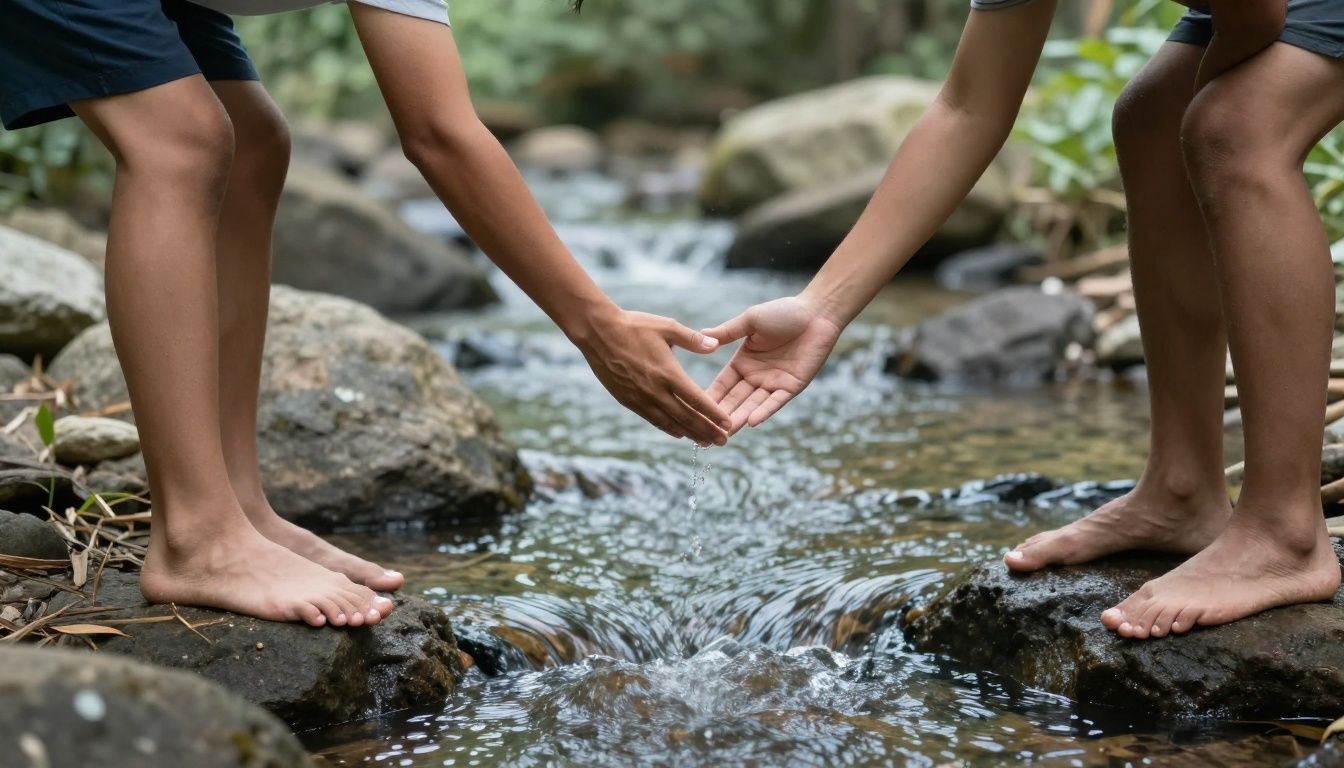 A person stands on one side of a small stream, extending a hand to help another person on the other side, symbolizing support without crossing over completely.