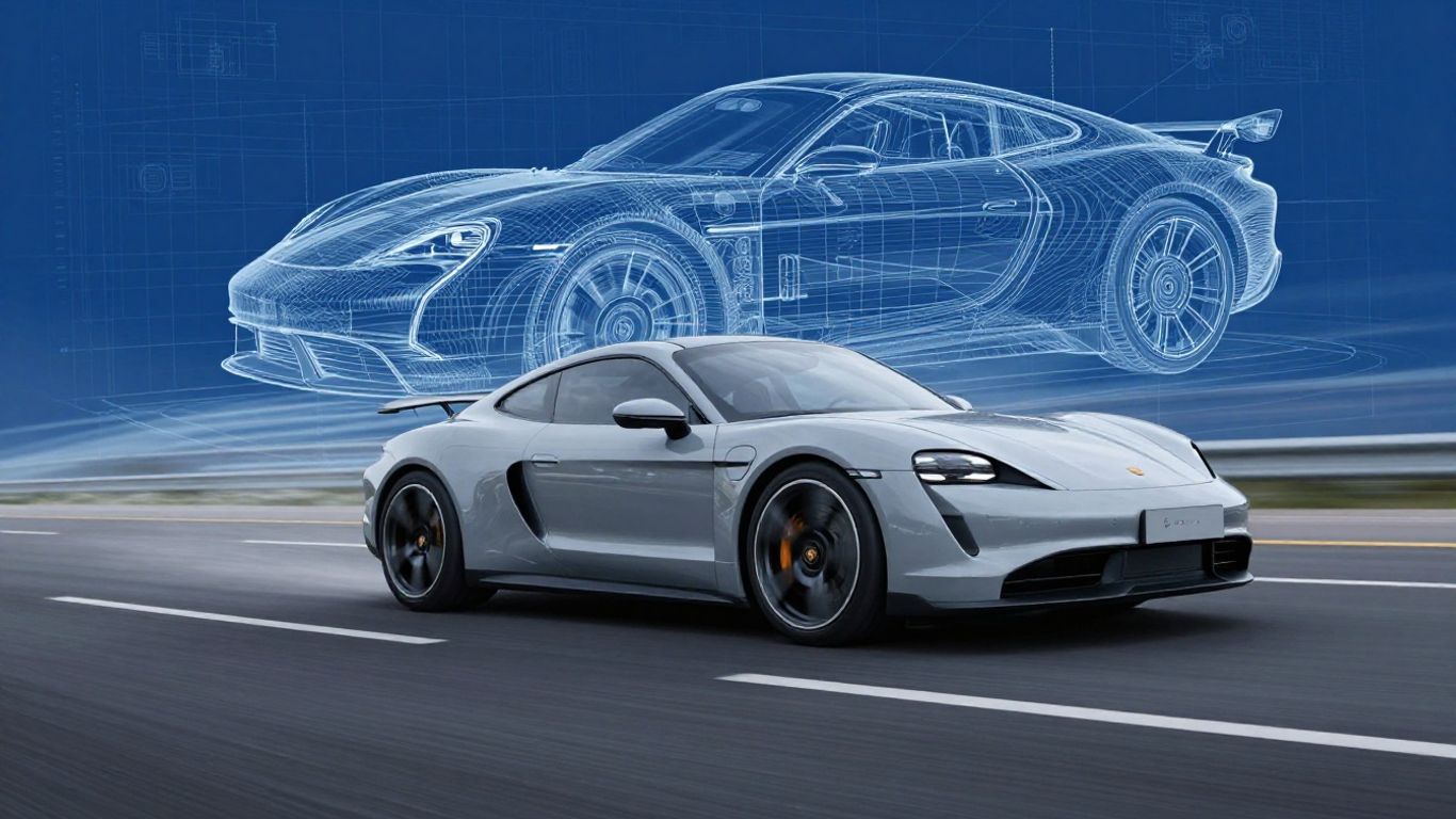 Porsche car merging with digital lines and blueprints.
