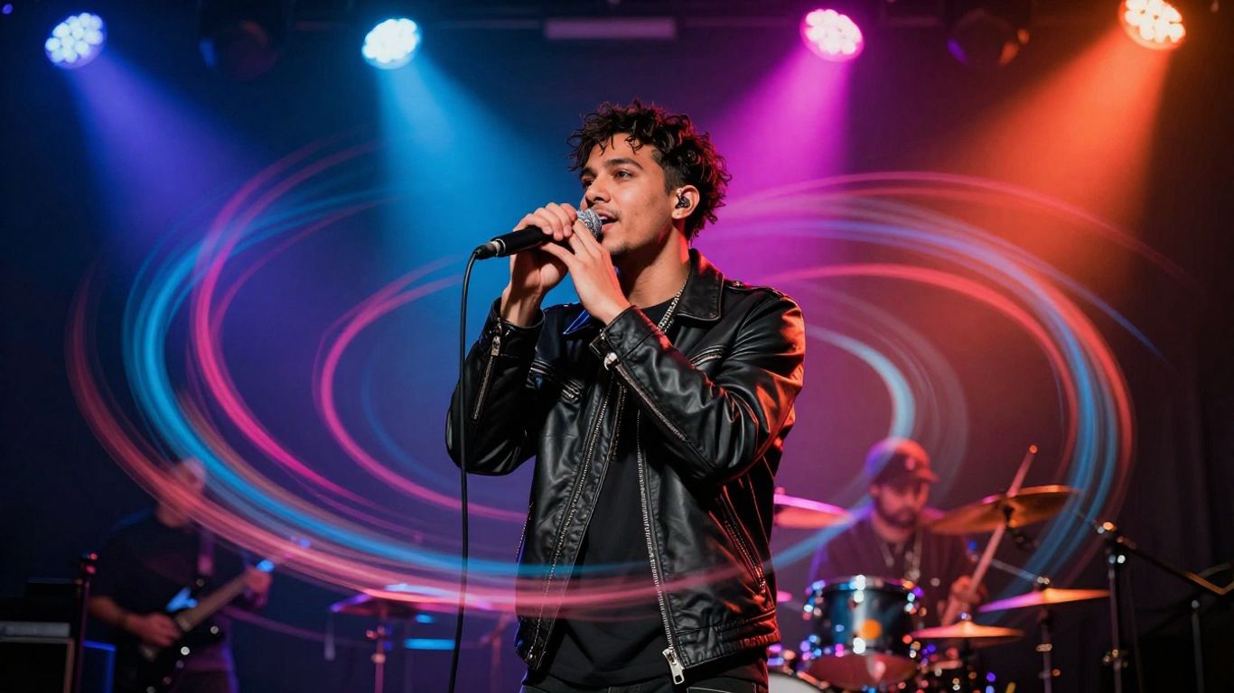 Artist performing on stage with AI visual effects