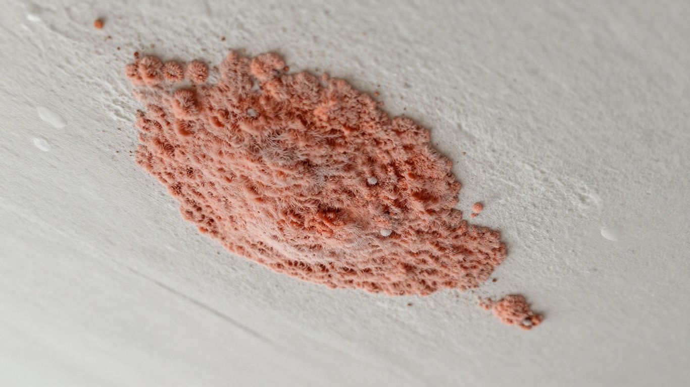 Pink mold growing on a white ceiling surface.