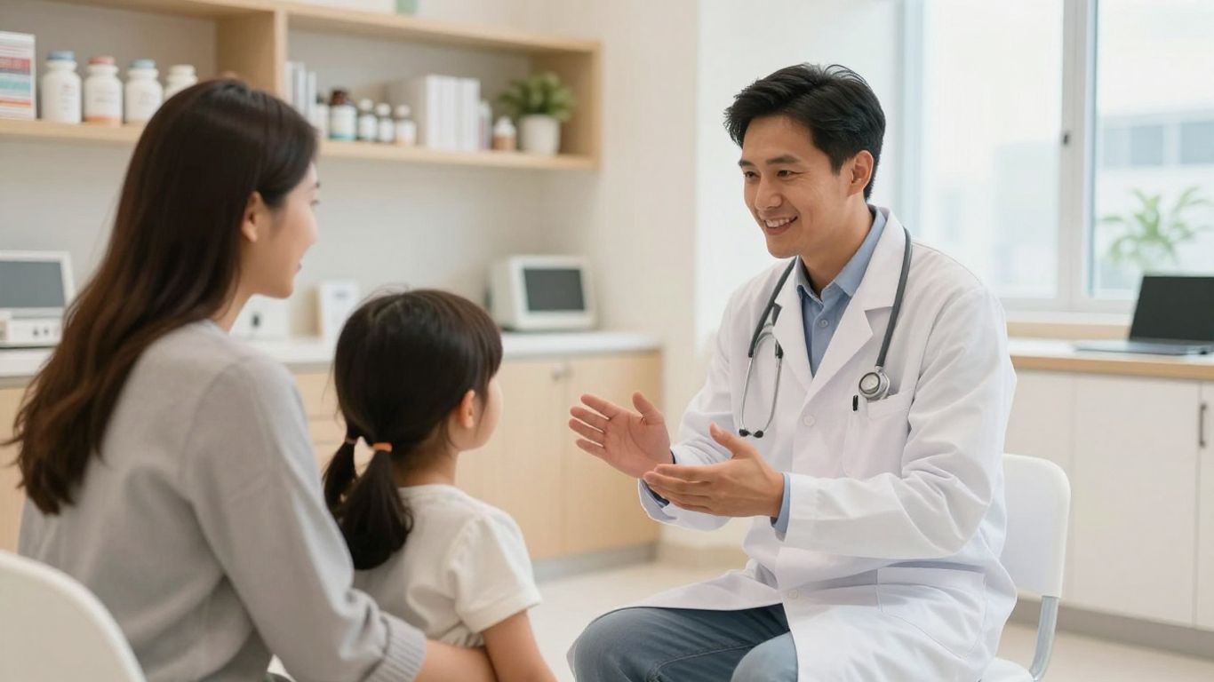 Pediatrician speaking gently with parent