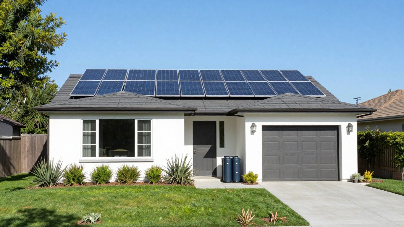 California home with solar panels and battery storage.