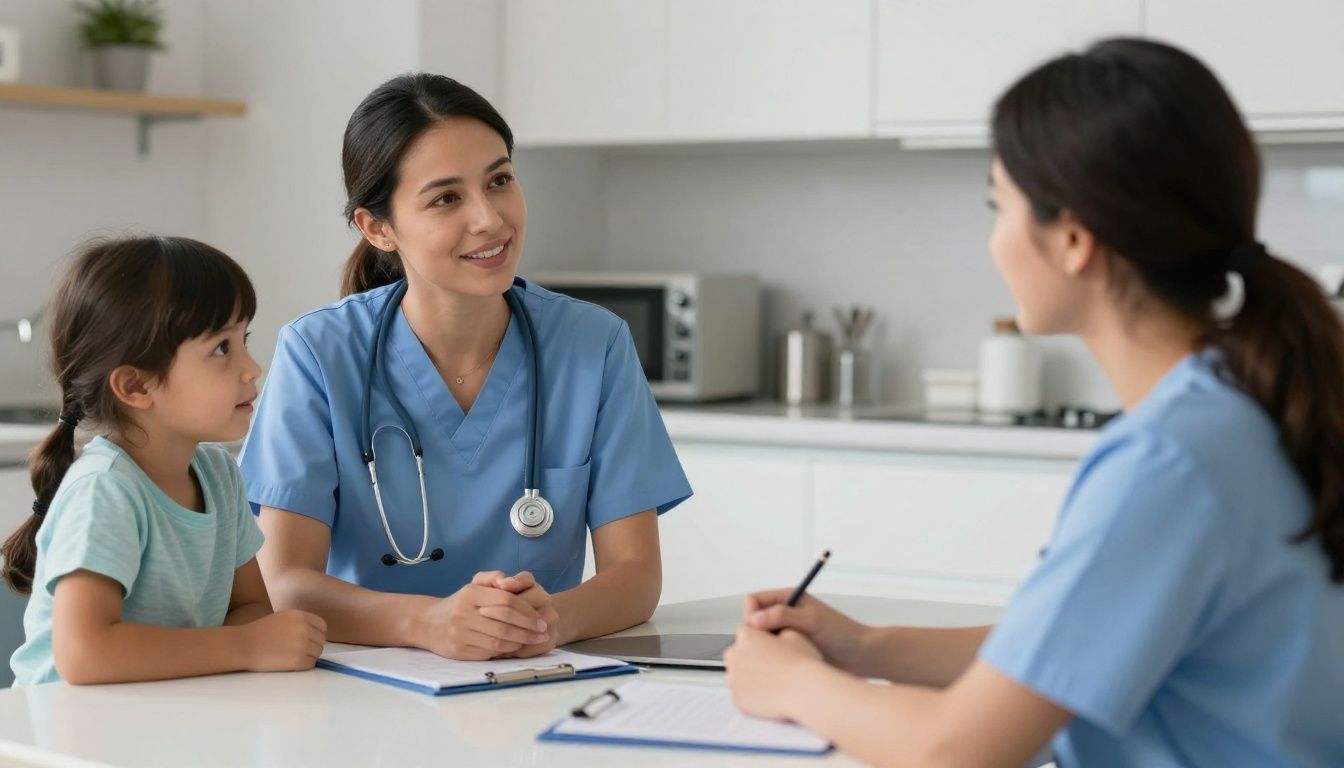 A compassionate female nurse in blue scrubs sits at a kitchen table, talking warmly with the mother of a medically complex child who is sitting nearby.
