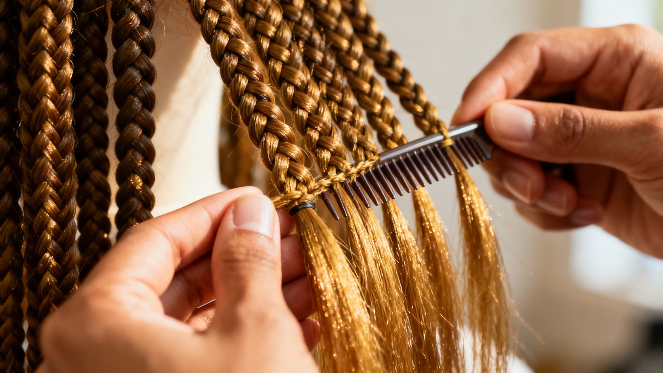 A professional braider working on neat box braids