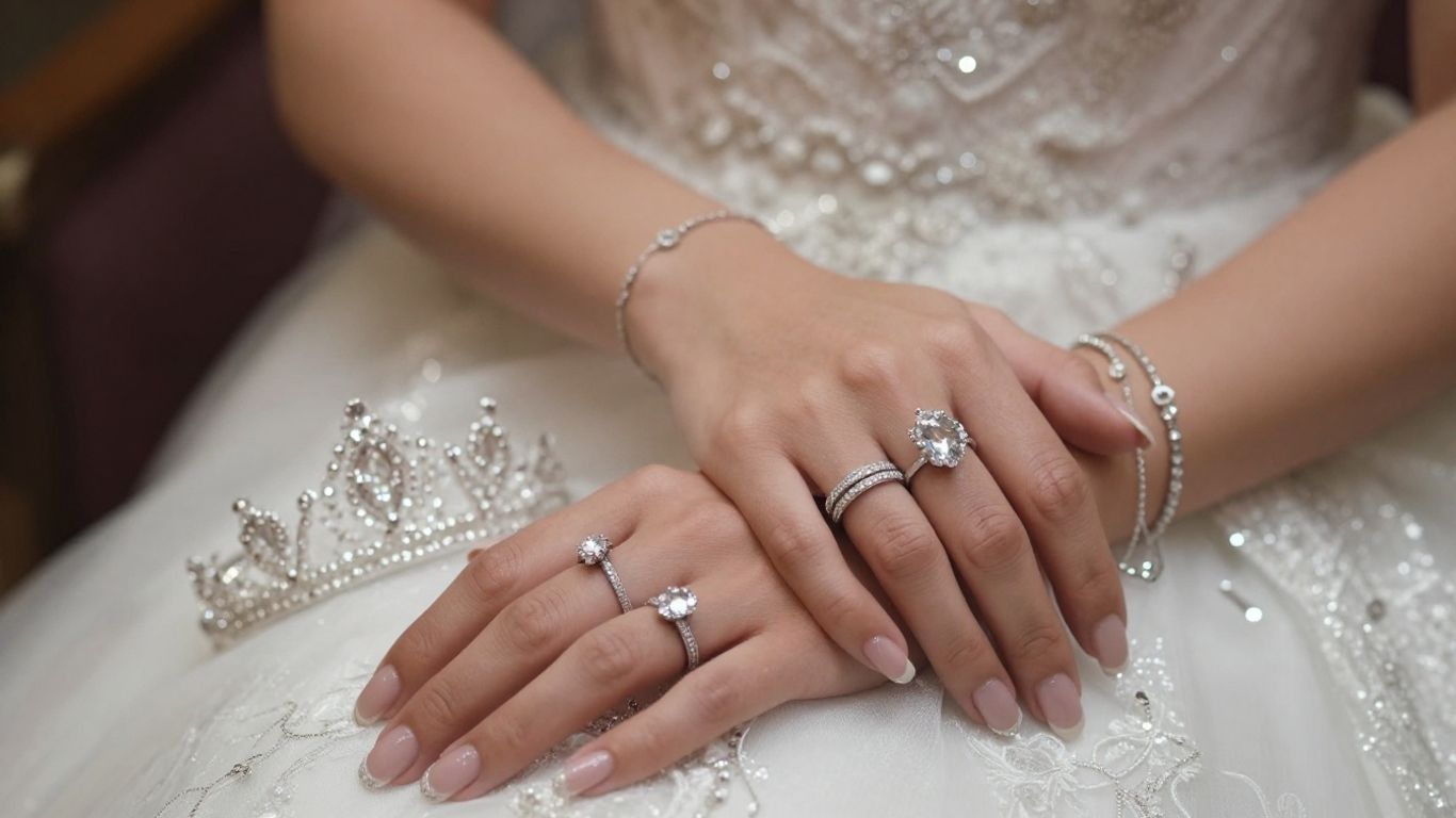 Bride's hands with rings, earrings, and tiara.