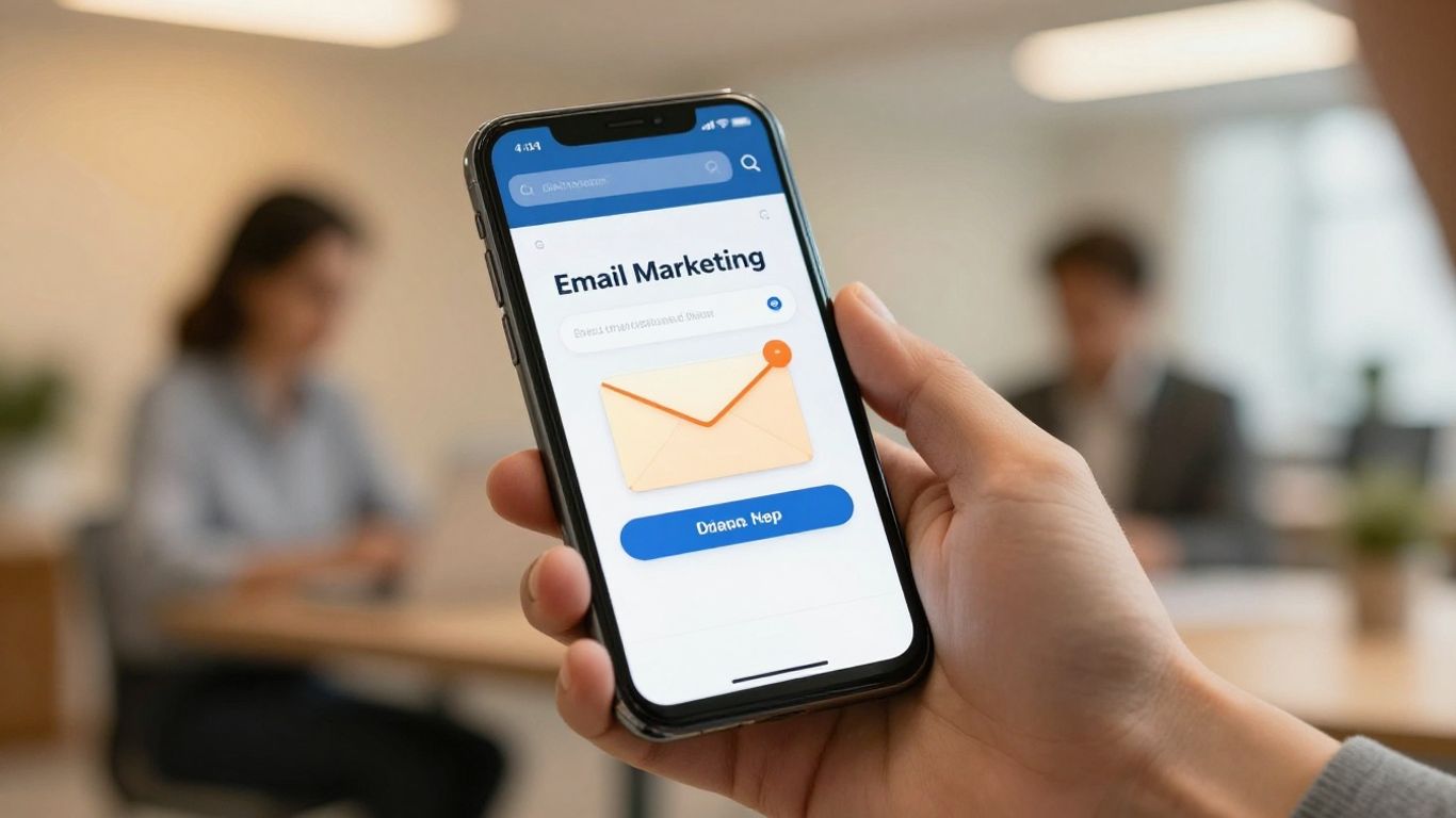 Hand holding phone with email marketing on screen.