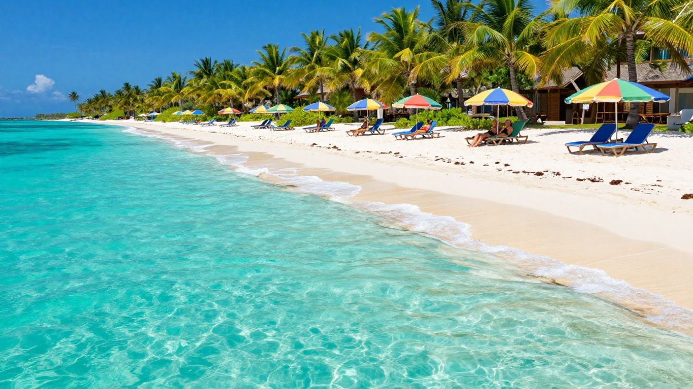 Affordable beach vacation with palm trees and clear water.