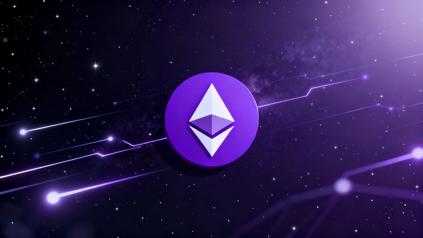 Ethereum logo against a starry background, symbolizing decentralization.