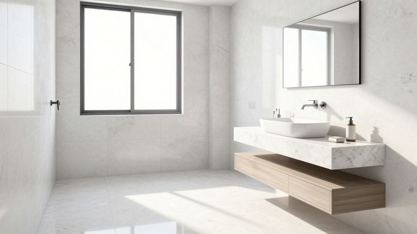 Sketch of a modern bathroom with quartz tiles.