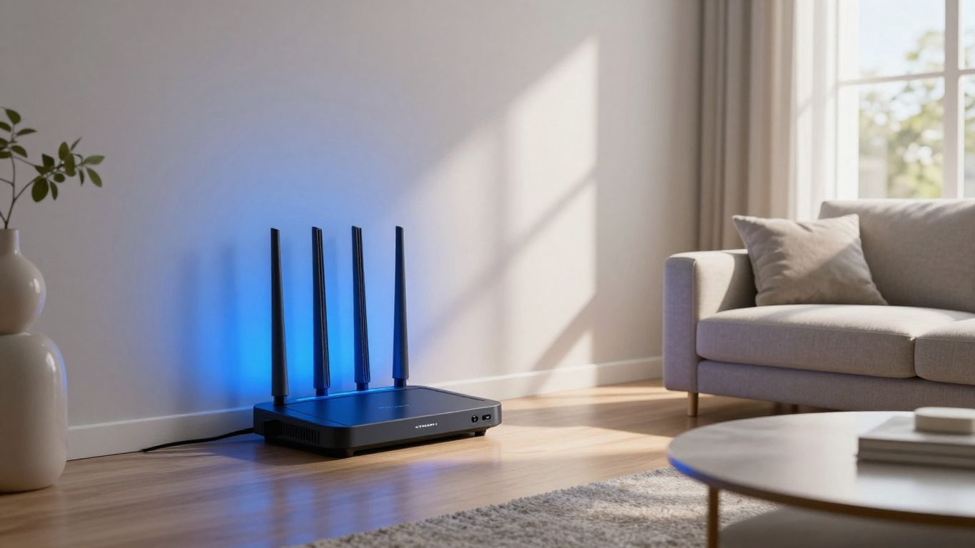 Roteador Wi-Fi em sala de estar moderna com luz azul.