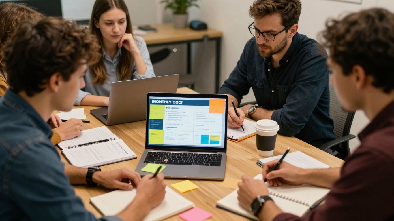 Equipe analisando plano mensal de SEO em reunião