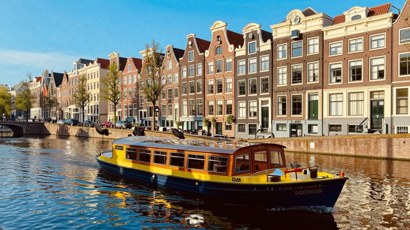 Canal boat sailing past Amsterdam's historic gabled houses.