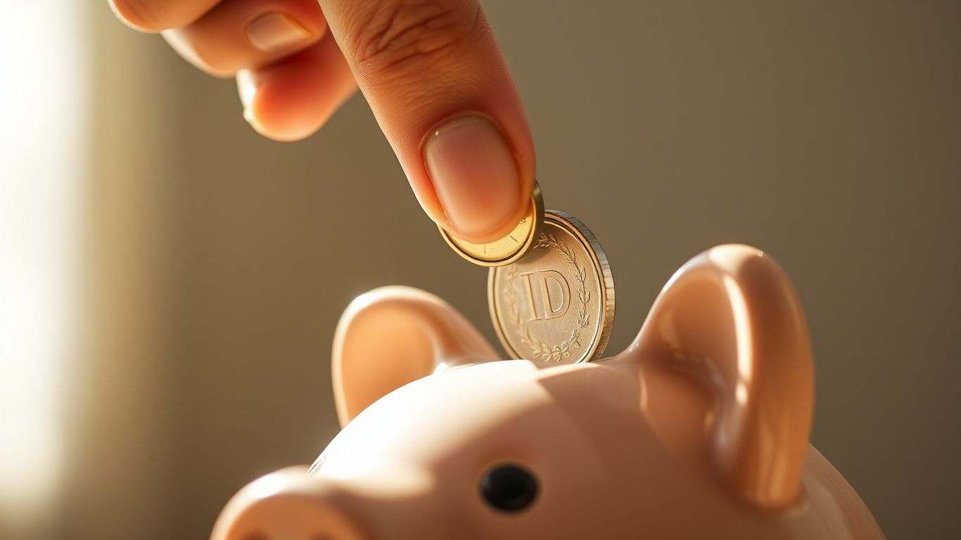 Hand depositing coin into piggy bank.