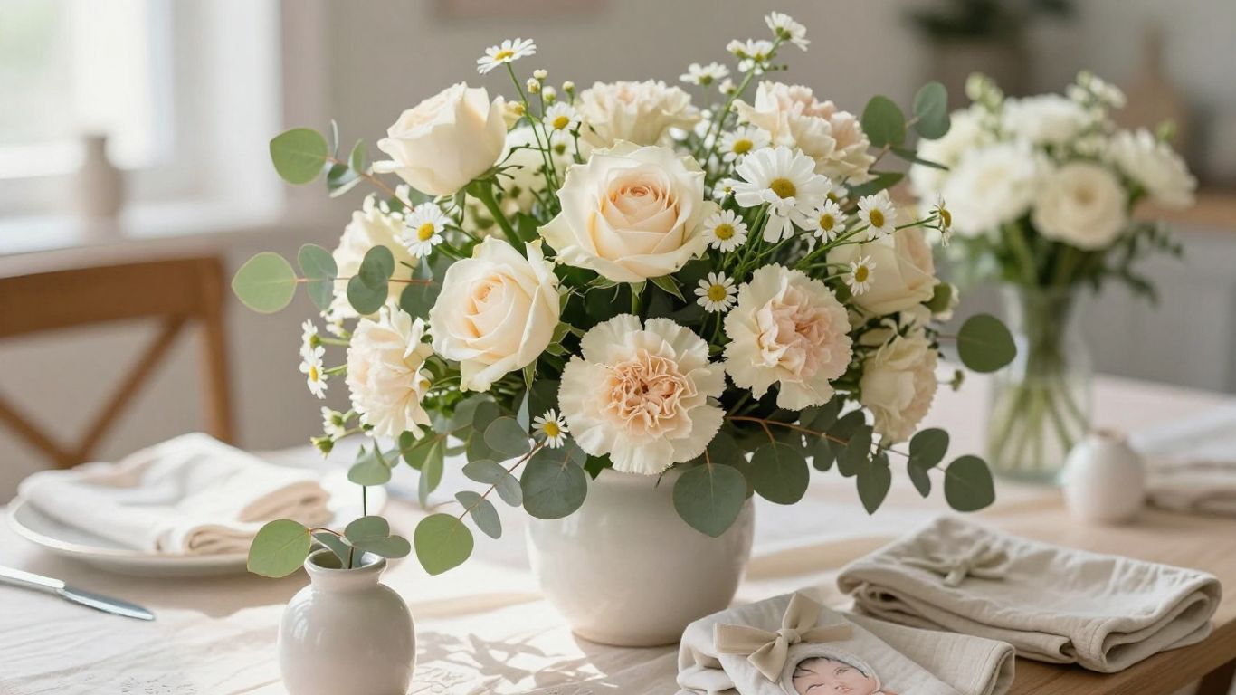 Soft pastel bouquet beside newborn keepsakes
