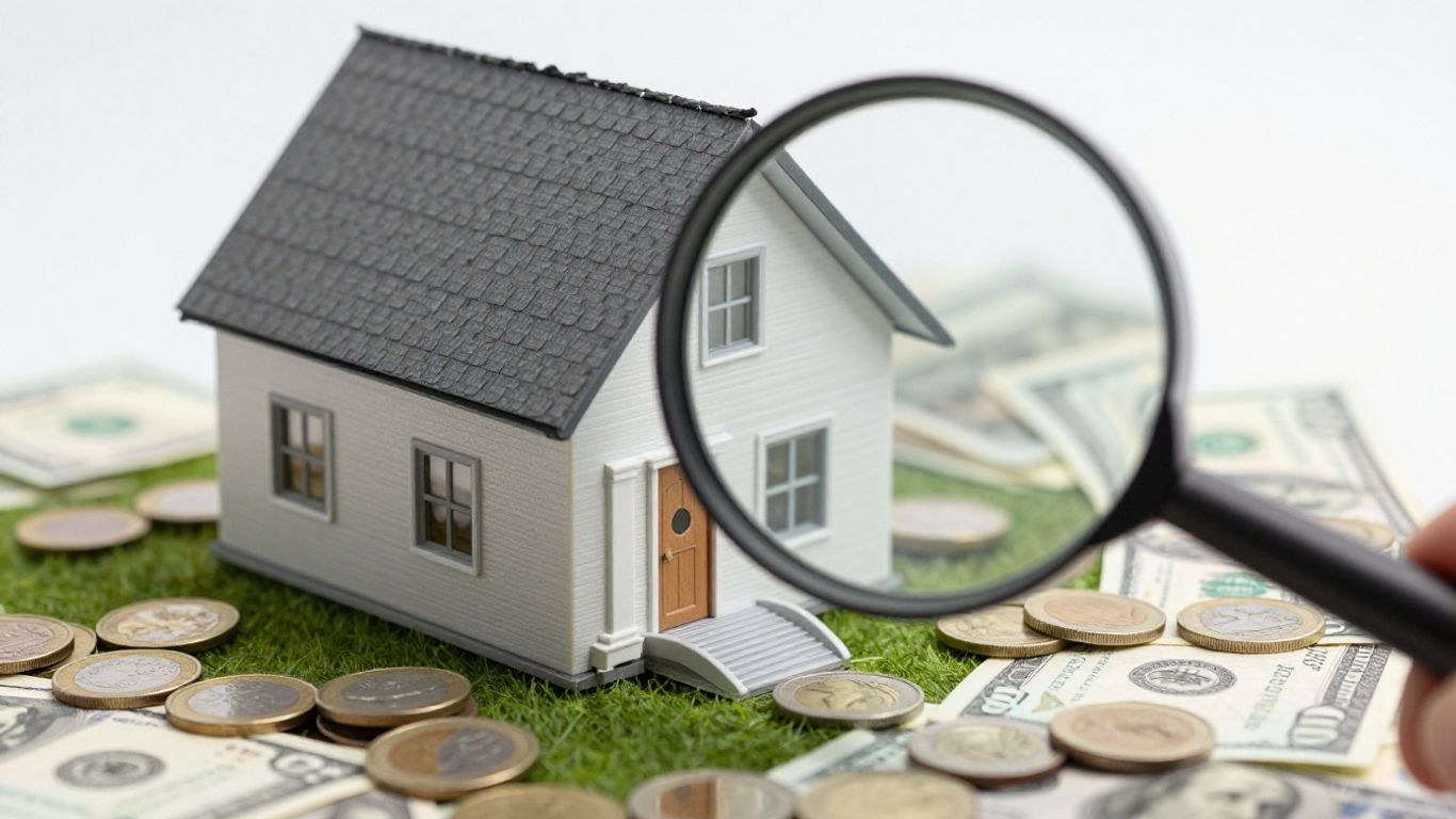 Casa con lupa y dinero, detalles económicos del seguro hogar.
