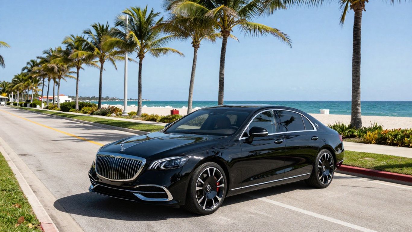 Luxury car driving on a Palm Beach road.