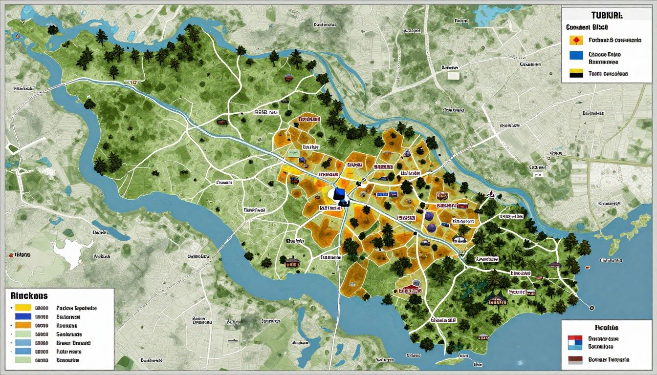 Visão aérea de um mapa de PUBG Battlegrounds com diferentes áreas urbanas, rurais e costeiras destacadas para representar estratégias de sobrevivência