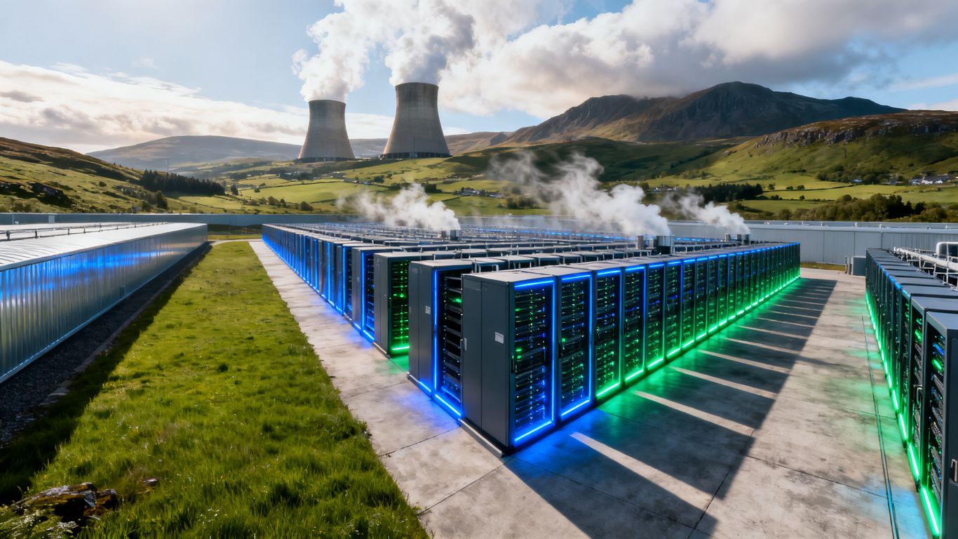 Data centre in a green landscape, steam rising.