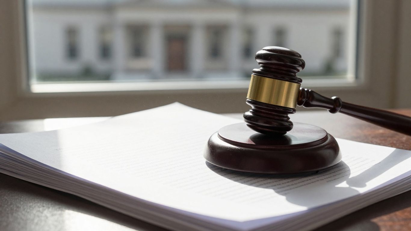 Gavel on legal documents with courthouse background.