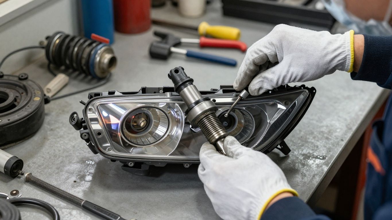 Mechanic inspecting Mazda 3 replacement components