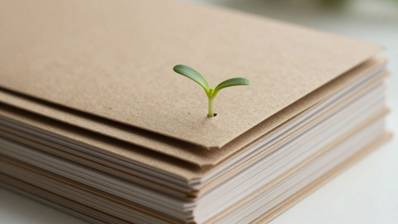 Plantable stationery with sprouts emerging from seed paper.