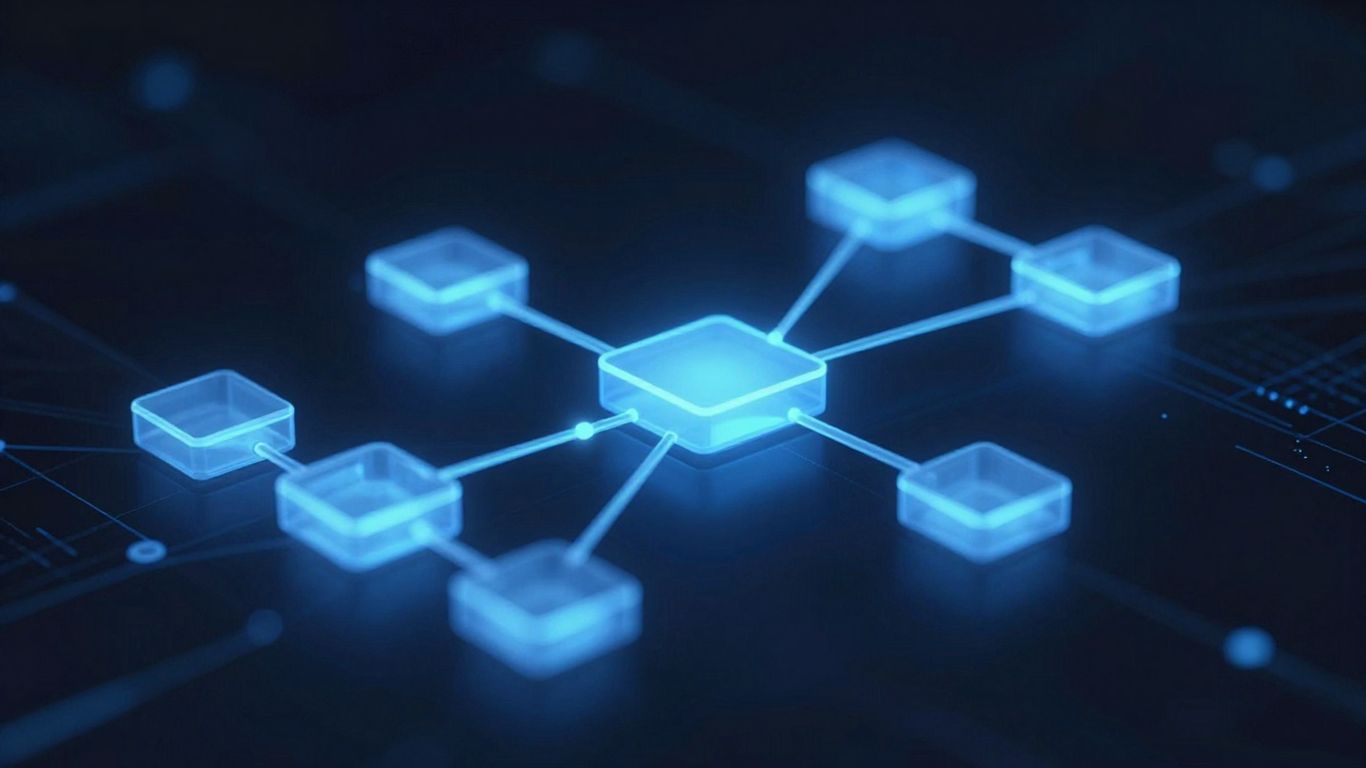 Interconnected digital blocks forming a glowing chain.