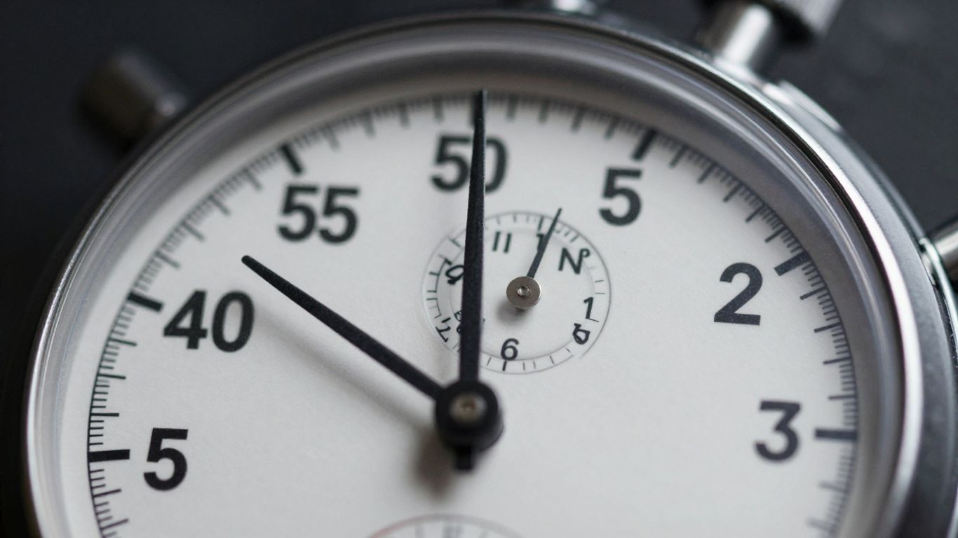 Stopwatch nearing five minutes, urgency, speed