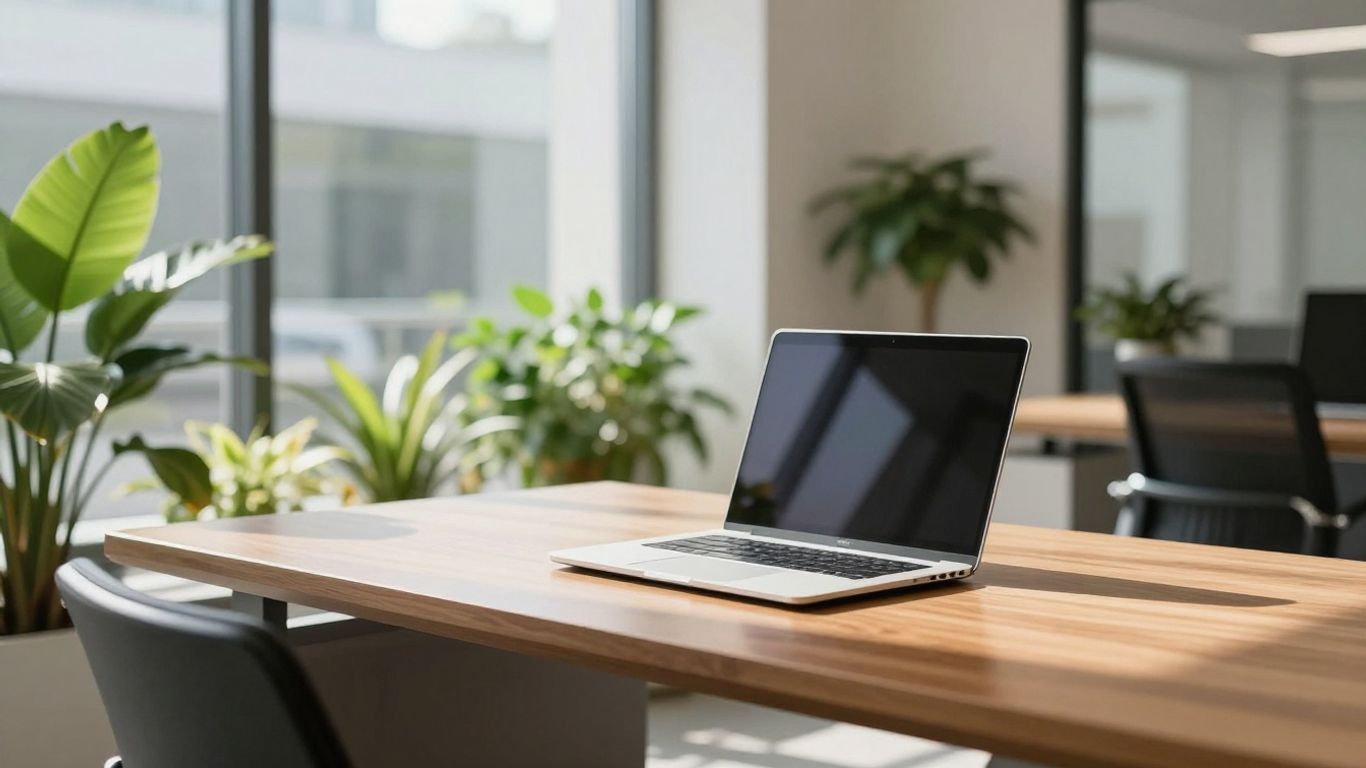 Professional office with laptop and plants.