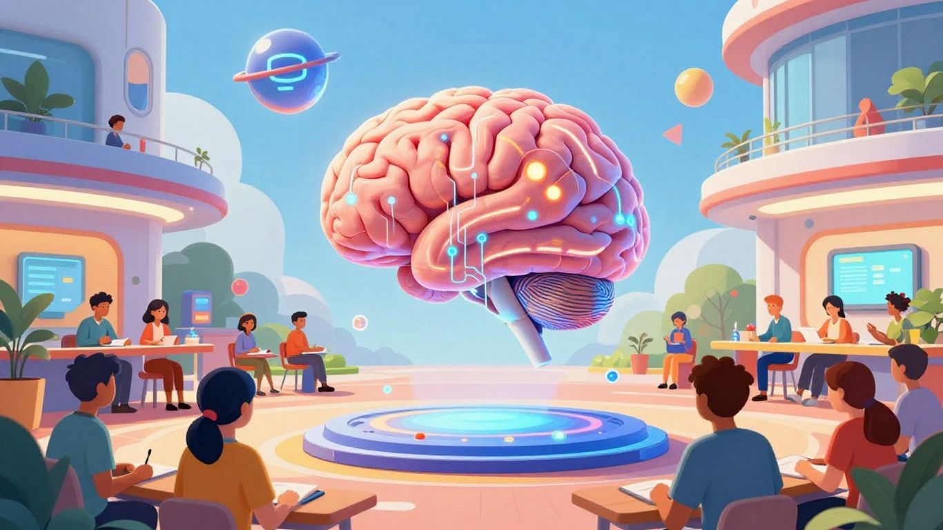 People and AI interacting in a futuristic educational setting.