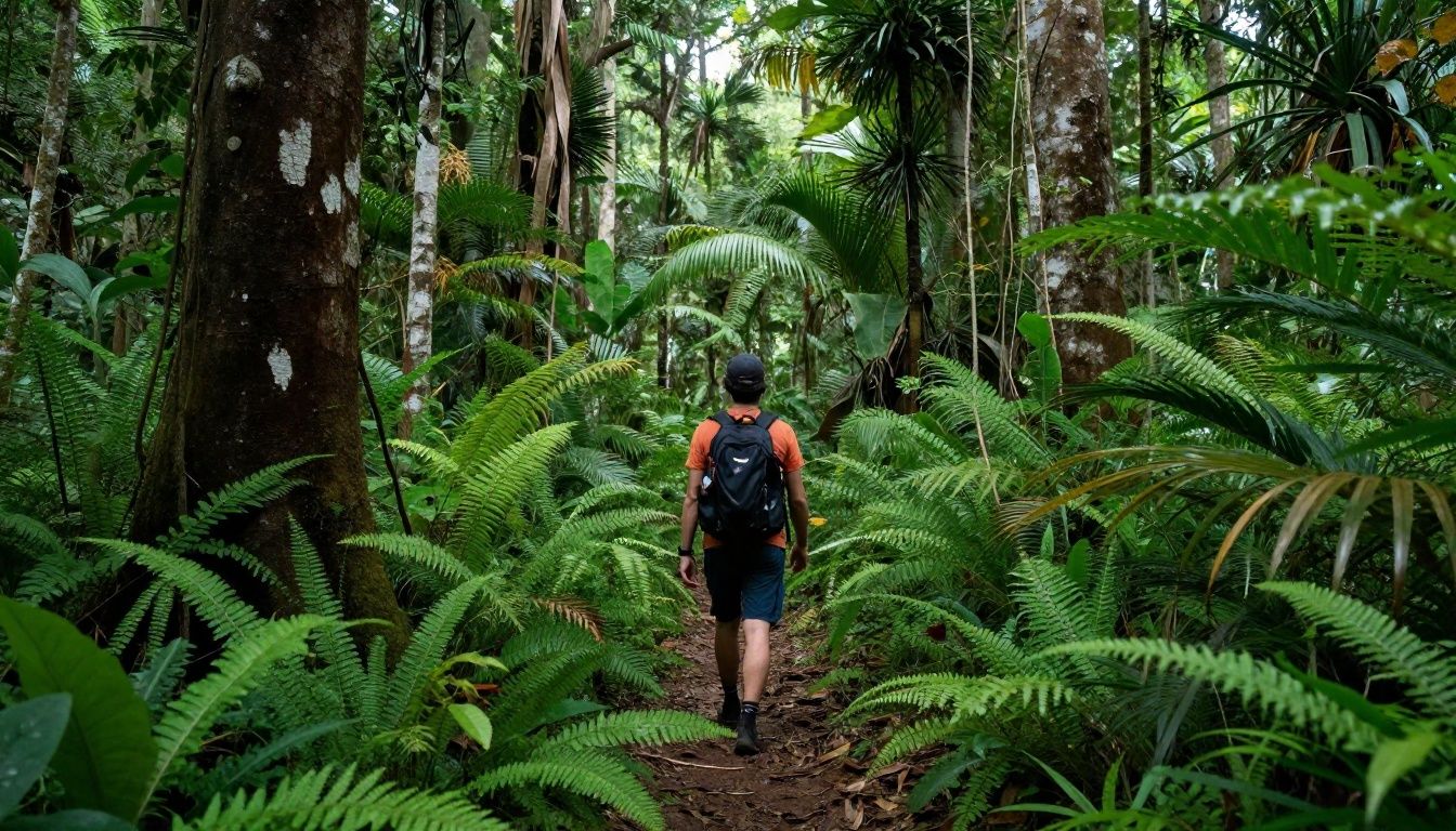 Um jogador explorando uma nova floresta tropical com vegetação exuberante