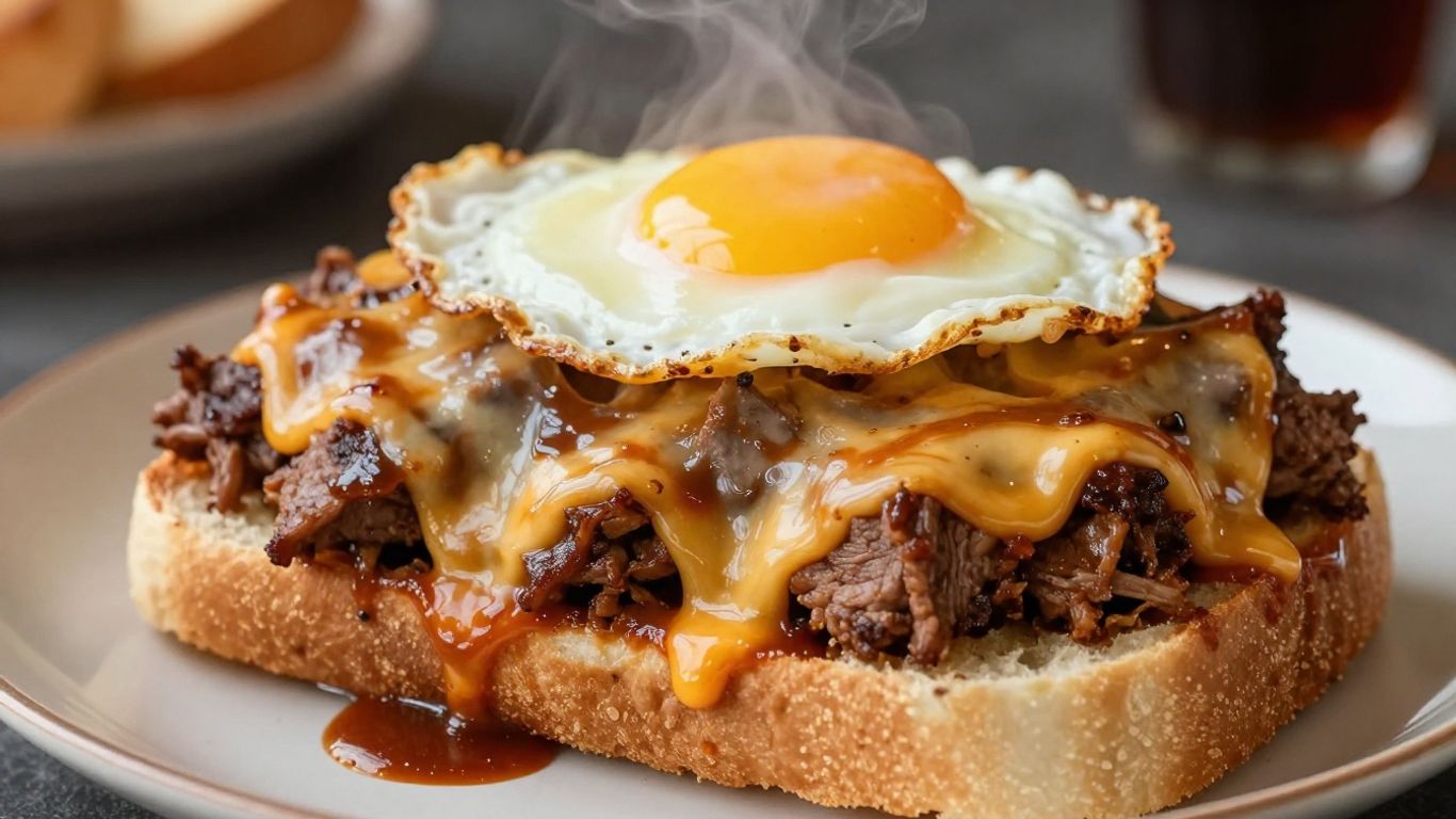 Porto's famous Francesinha sandwich with melted cheese and egg.