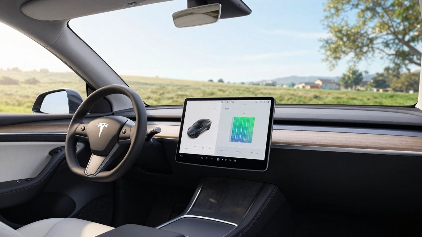 Tesla interior with solar energy display in California home.