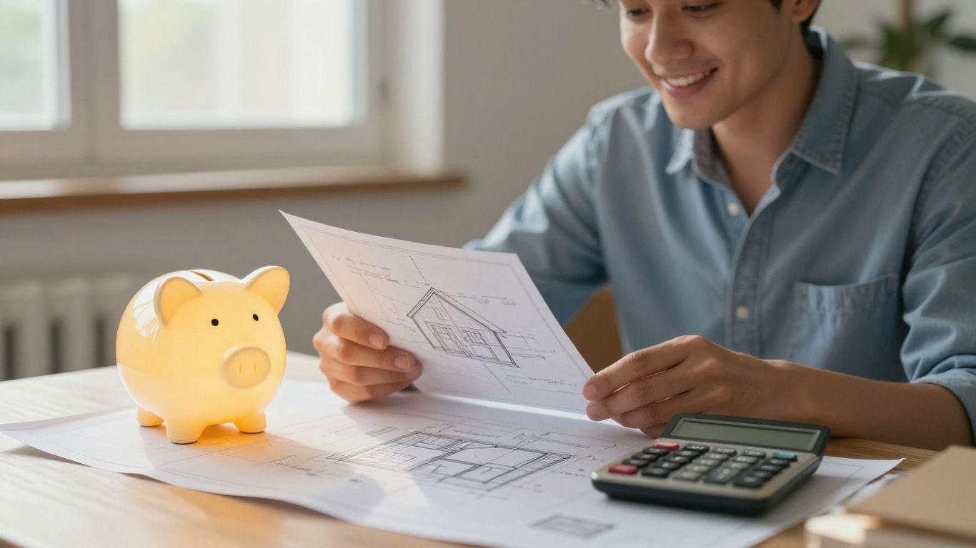 Homeowner with piggy bank and calculator