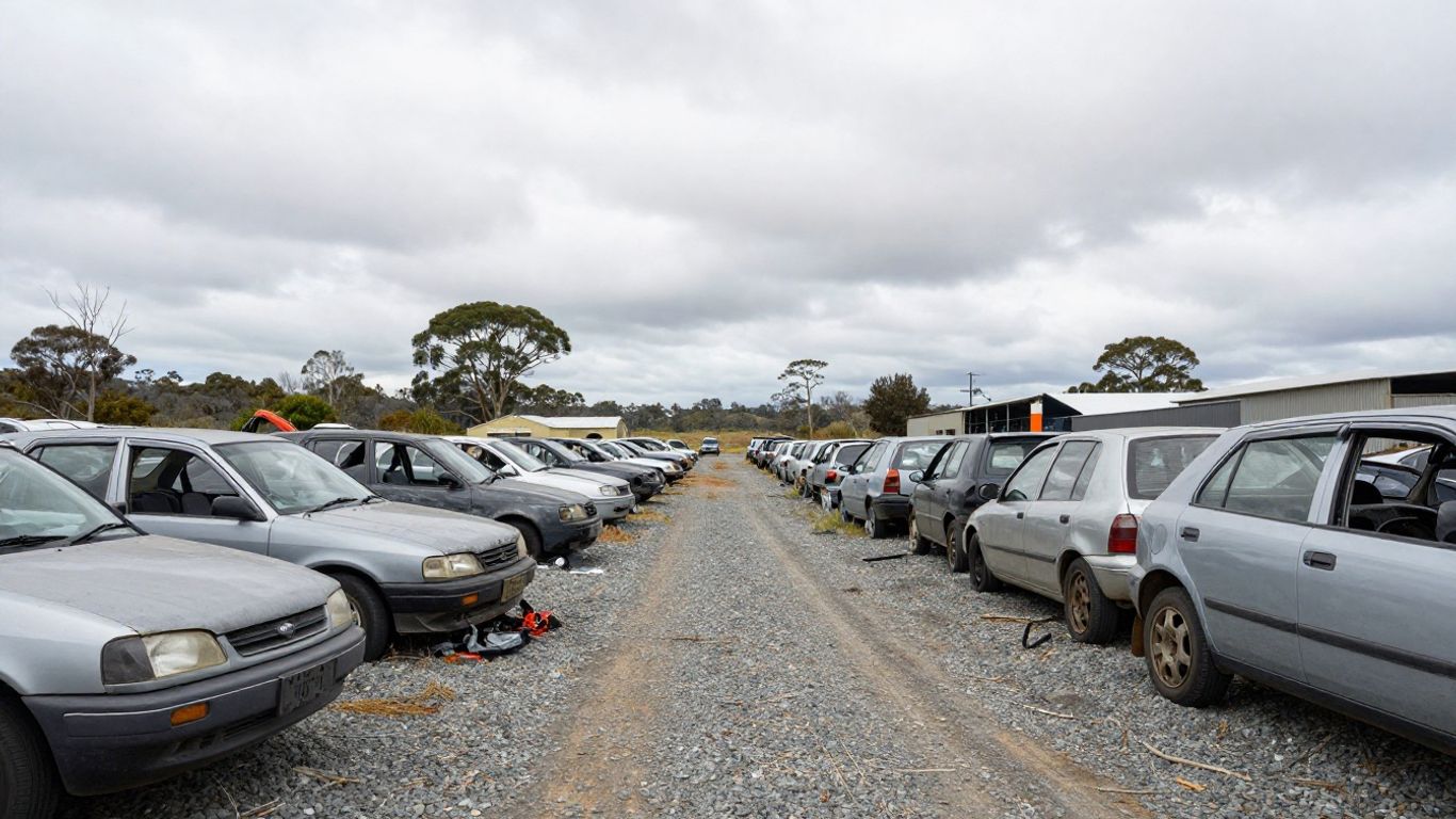 Rows of salvaged vehicles in yard
