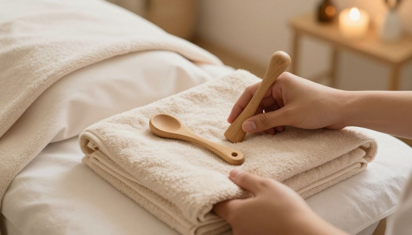 Photorealistic close-up of a bilingual massage therapist preparing folded towels and natural massage tools in a clean private Palatine studio, warm welcoming light, no text, no logos, no AI aesthetic, realistic proportions and gravity-respecting objects.