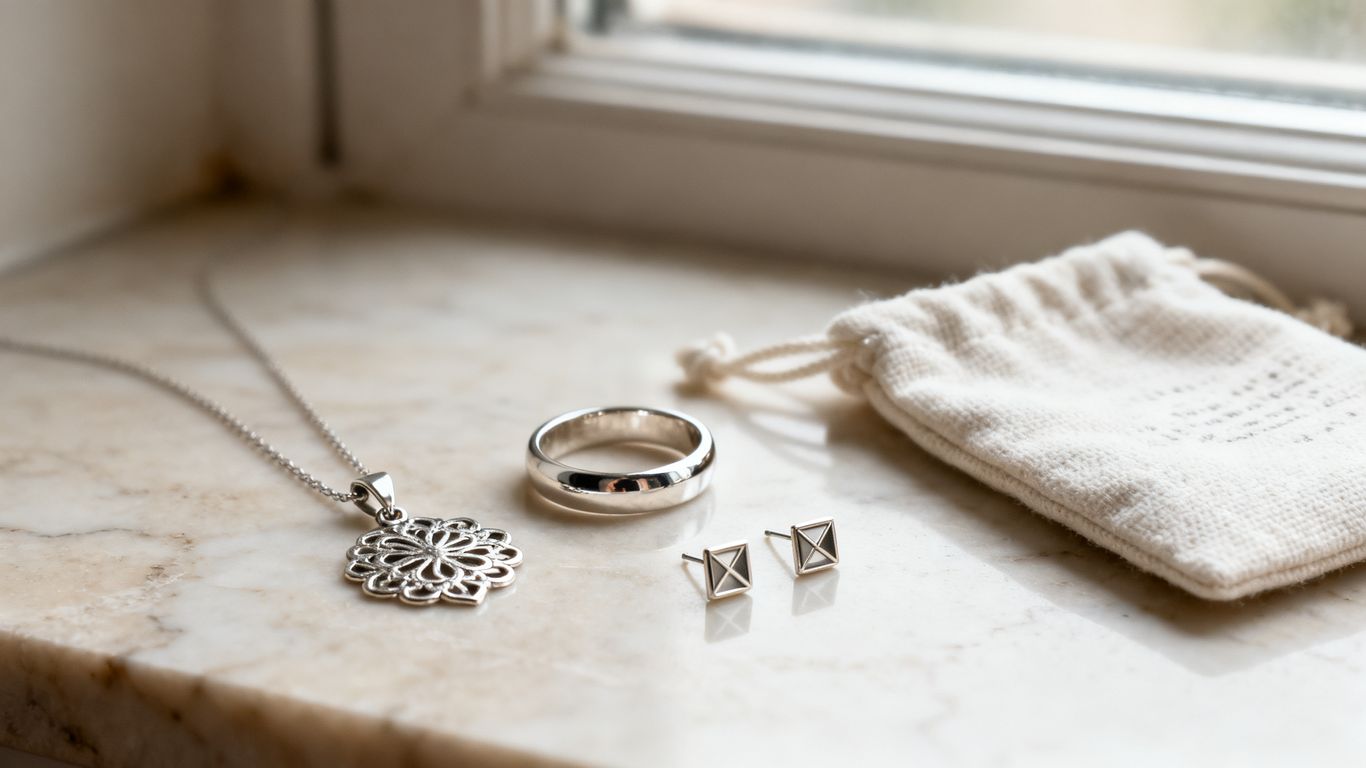Contemporary silver jewelry arranged on marble