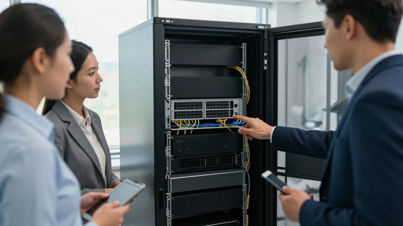 Technician reviewing network equipment with business leaders