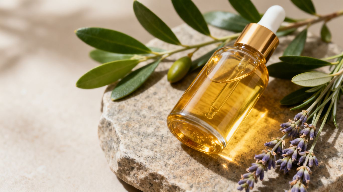 Flacon d'huile naturelle avec fleurs
