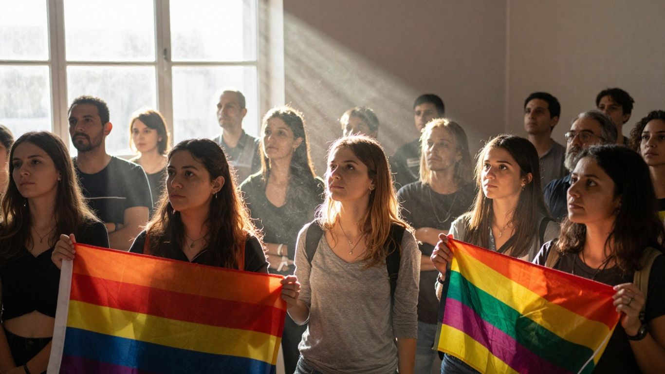 Diverse people with different banners, looking in various directions.