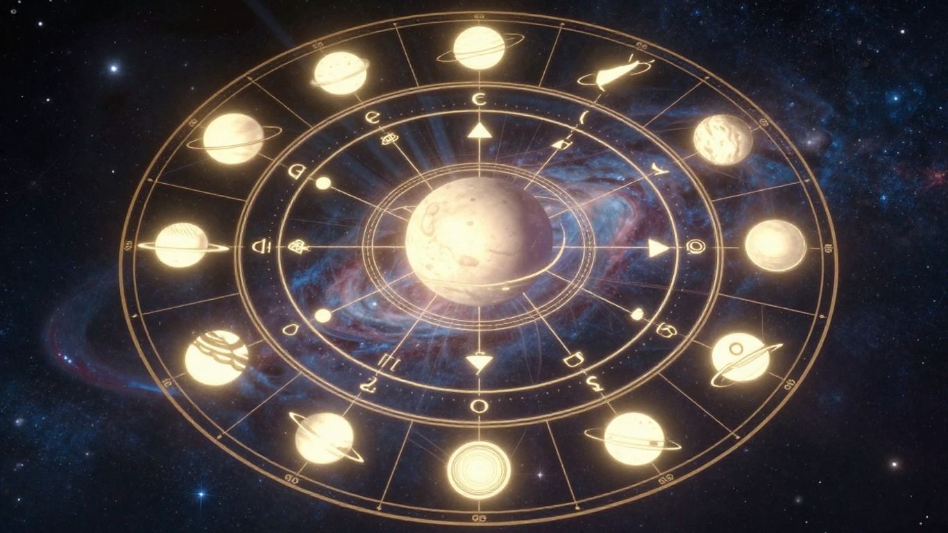 Celestial birth chart with glowing planets and zodiac wheel.