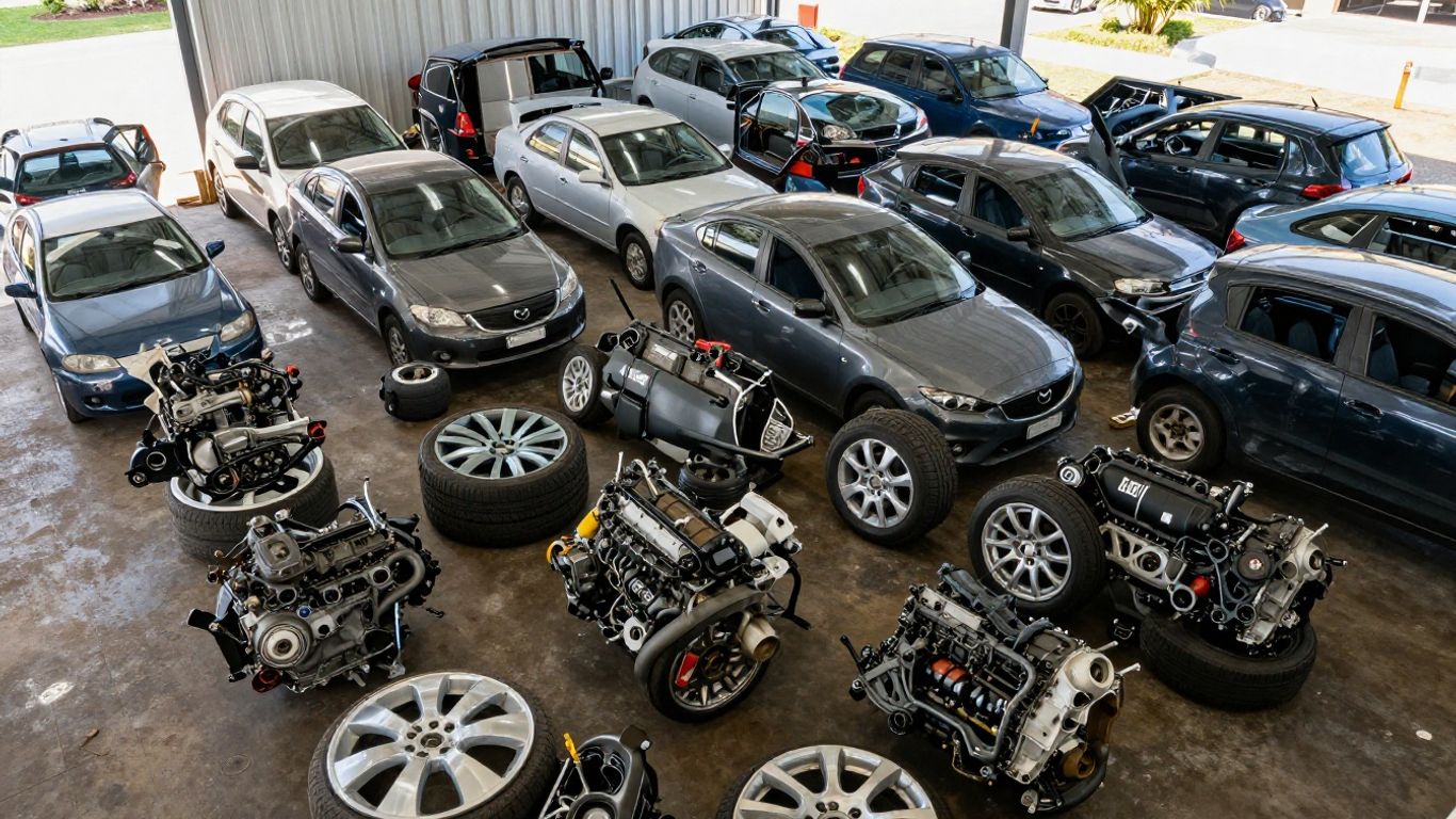 Mazda car parts at a Canberra wrecking yard.